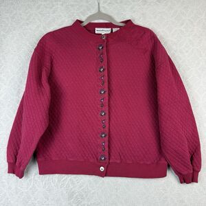 Vtg Quilted Jacket Womens Medium Red Embroidered Floral Cottagecore Grandma 90s